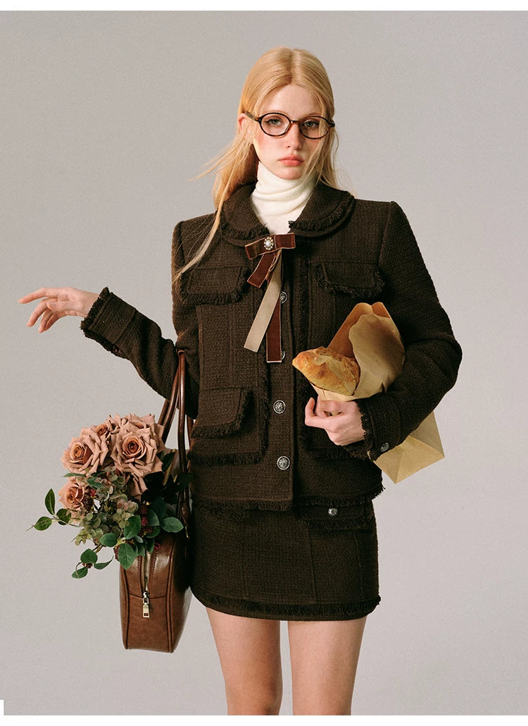 Bow Design Wool Blend Jacket & Short Skirt Setup