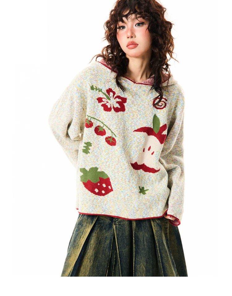 Fruit Pattern Knit Oversize Hoodie