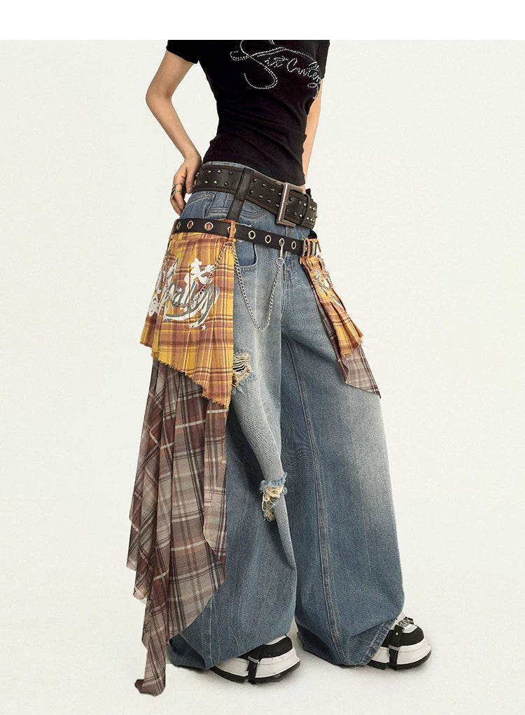 Damage Embroidery Wash Wide Leg Denim Jeans