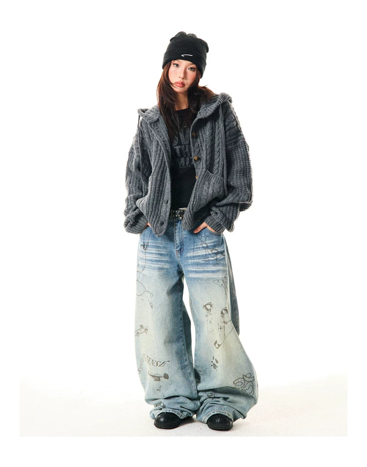 Hooded Button Oversize Cable Knit Cardigan