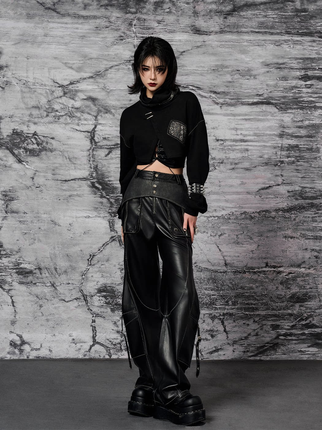 Metal-Embellished Straight-Leg PU Leather Cargo Pants