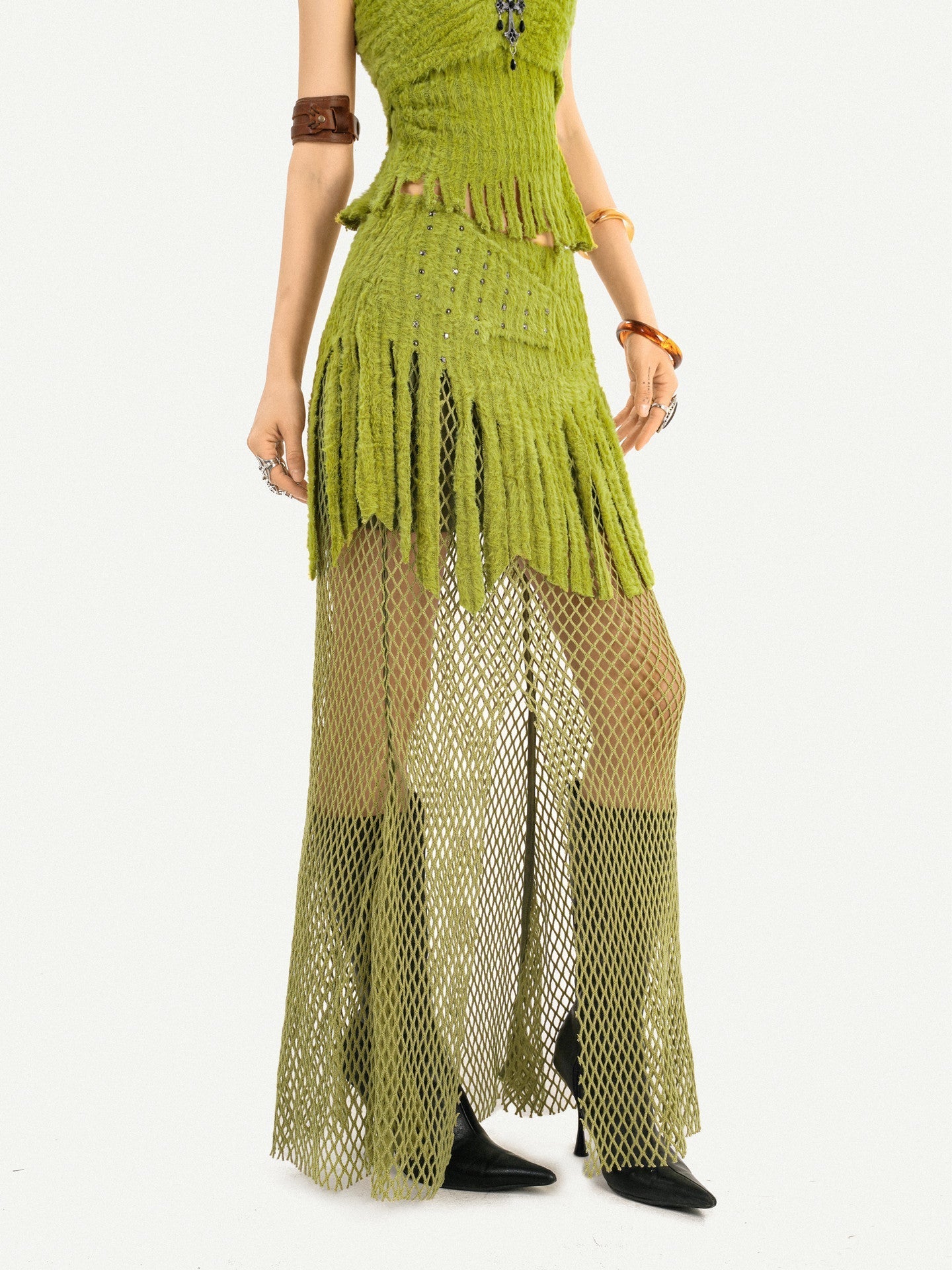 Fake Fur Patchwork Mesh Knit Cardigan & Tube Top & Mesh Long Skirt Setup