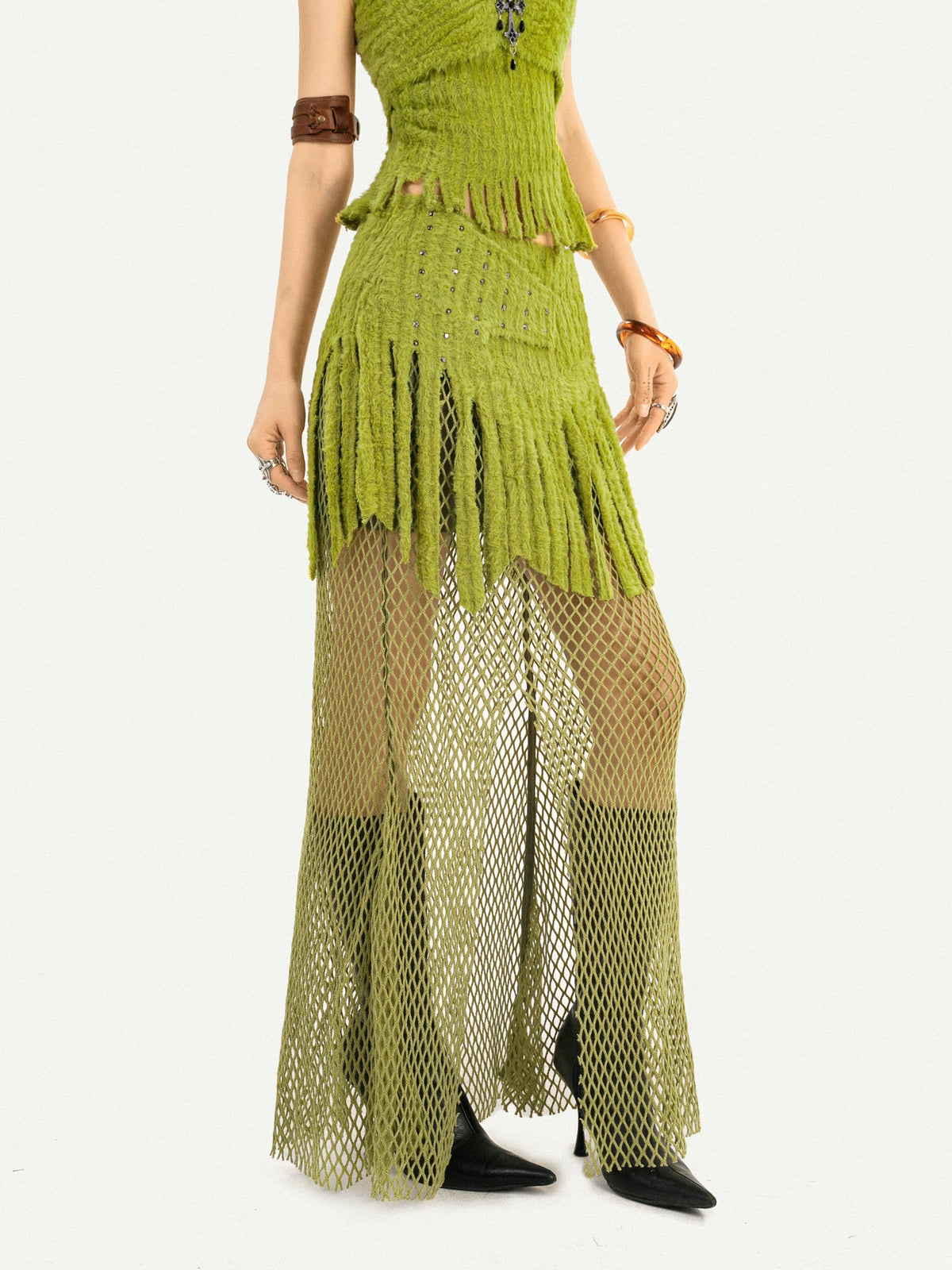Fake Fur Patchwork Mesh Knit Cardigan & Tube Top & Mesh Long Skirt Setup