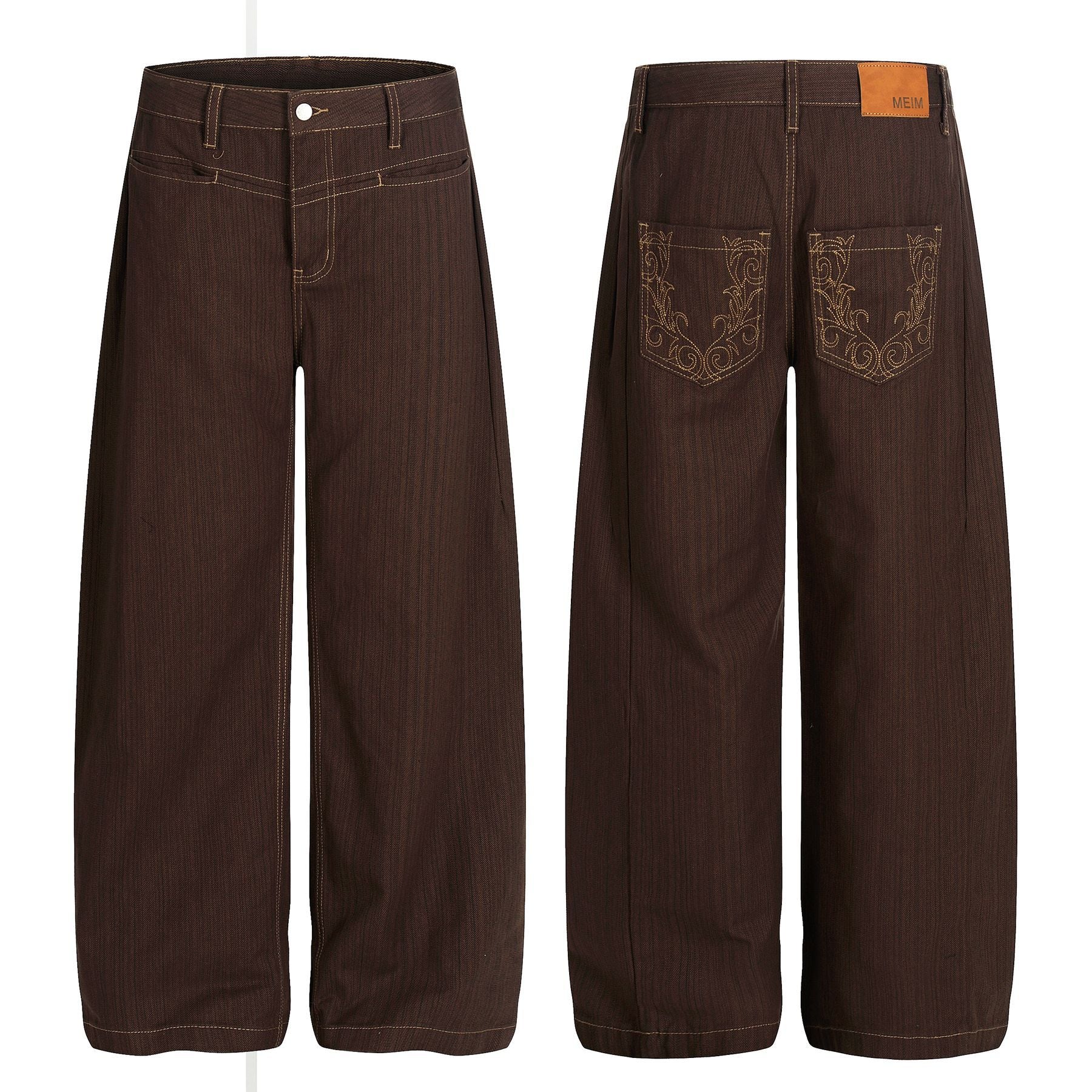 Stripe Embroidery Wide Leg Barrel Denim Jeans