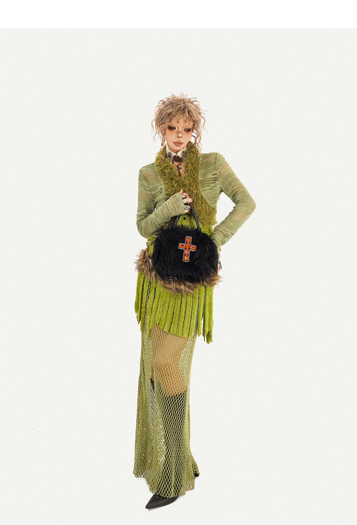 Fake Fur Patchwork Mesh Knit Cardigan & Tube Top & Mesh Long Skirt Setup