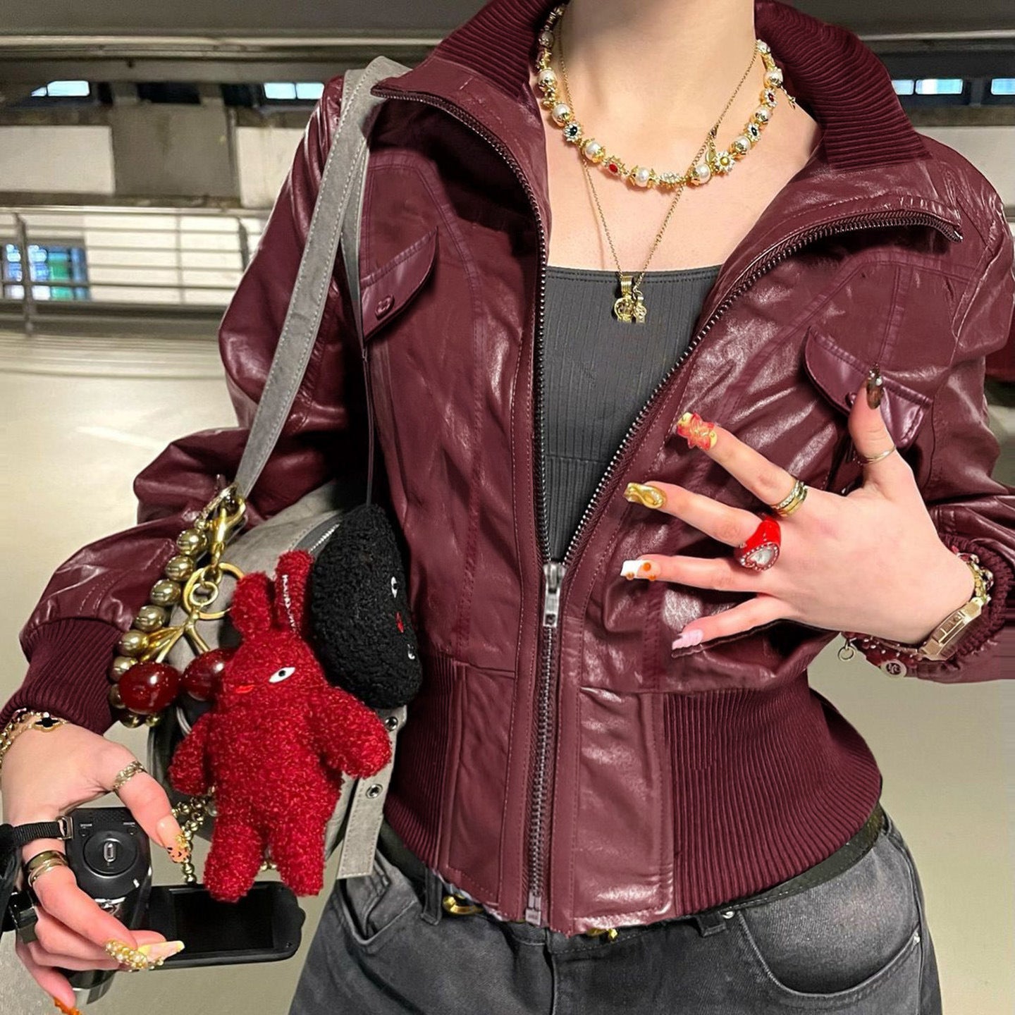 High-Neck Patchwork Leather Jacket