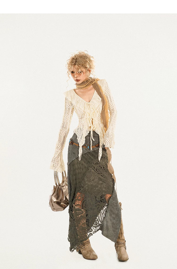 Original Design Heavy Craft Wasteland Knit Patchwork Lace Skirt