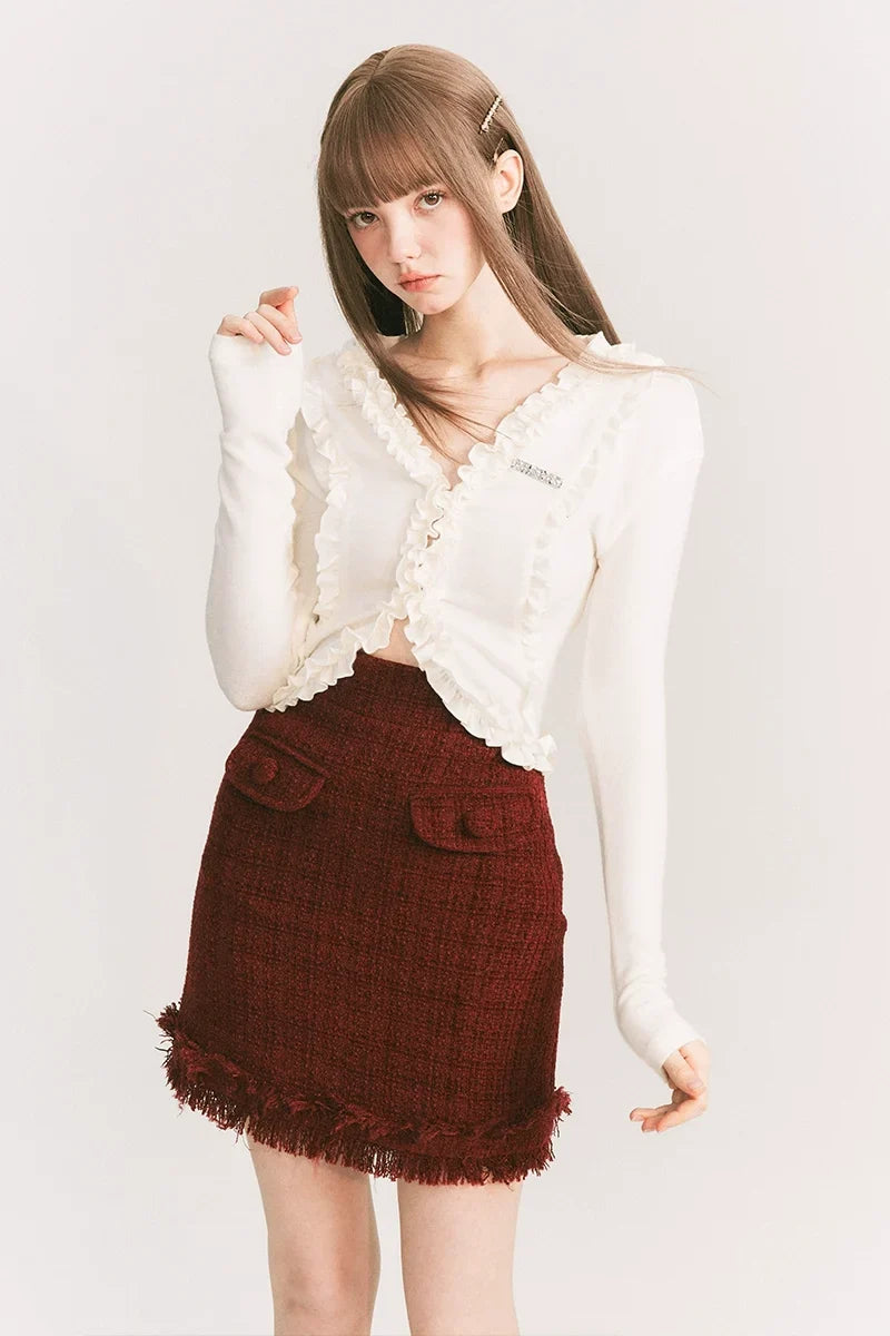 Round Collar Tweed Jacket & A-Line Tweed Skirt Setup