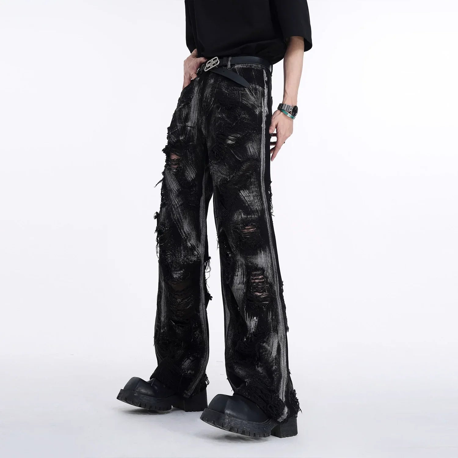 Washed Damage Denim Jacket  & Washed Graffiti Wide-Leg Denim Jeans Setup