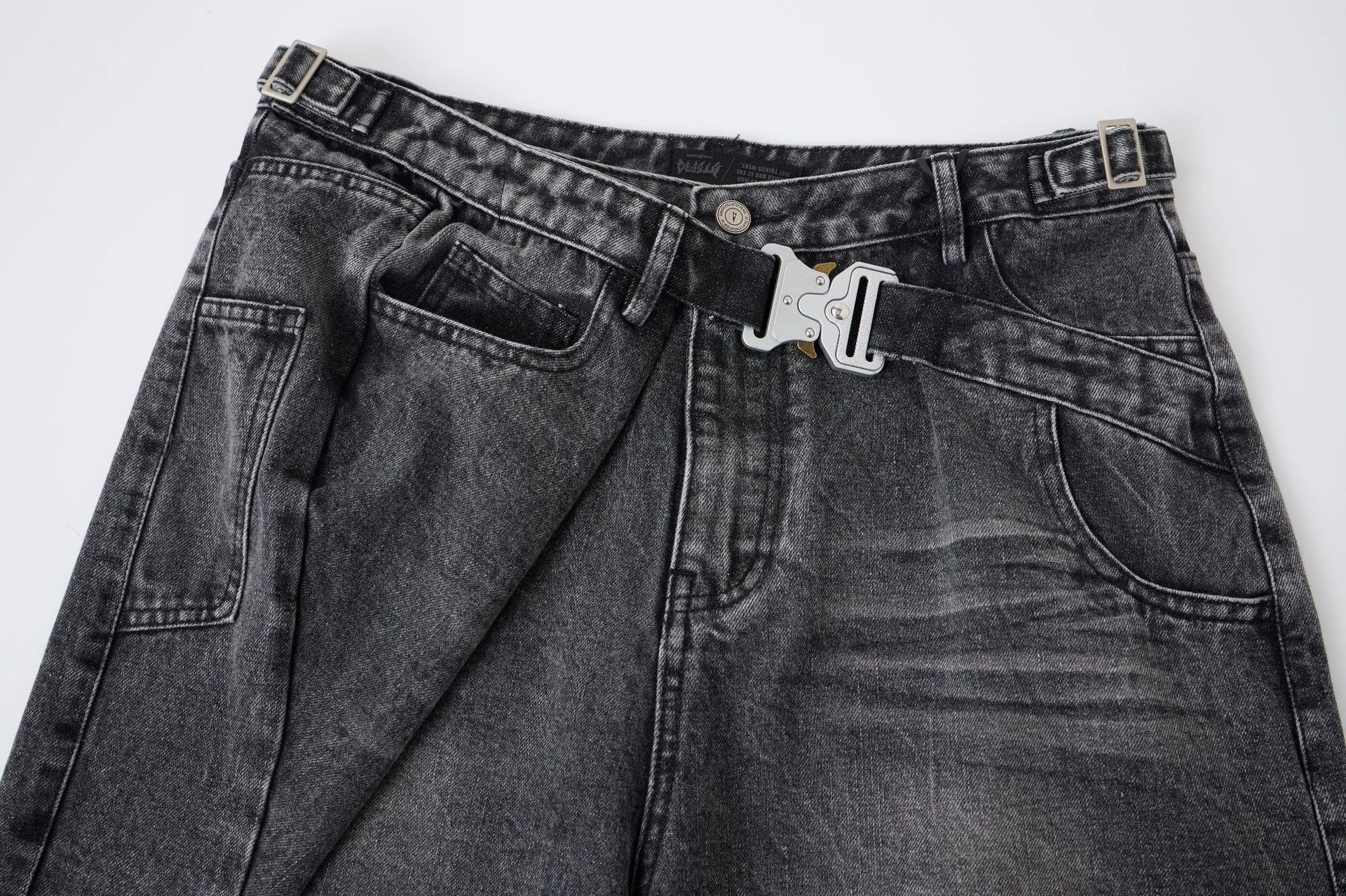 Washed Whisker Metal Buckle Denim Jort
