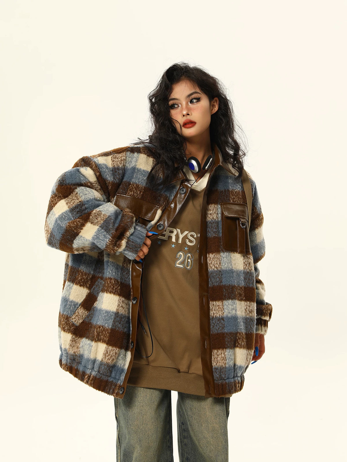 PU Leather Mix Woolen Plaid Jacket