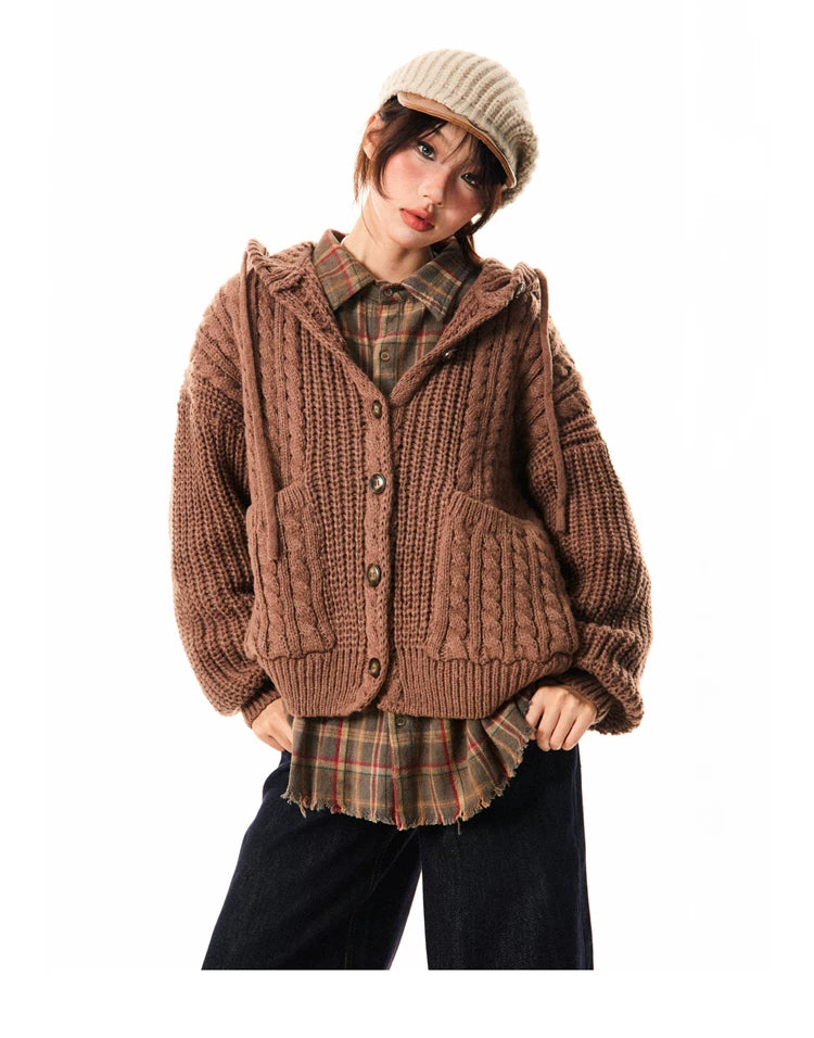 Hooded Button Oversize Cable Knit Cardigan