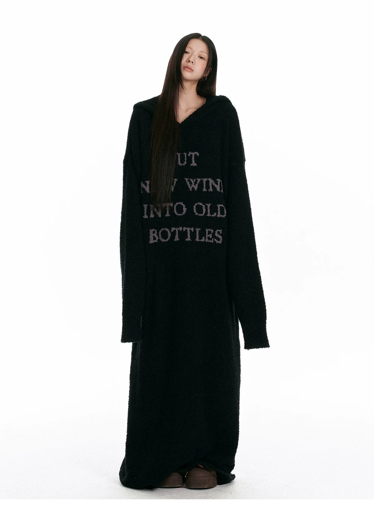 Fuzzy Hooded Knit Over-Knee Robe Dress