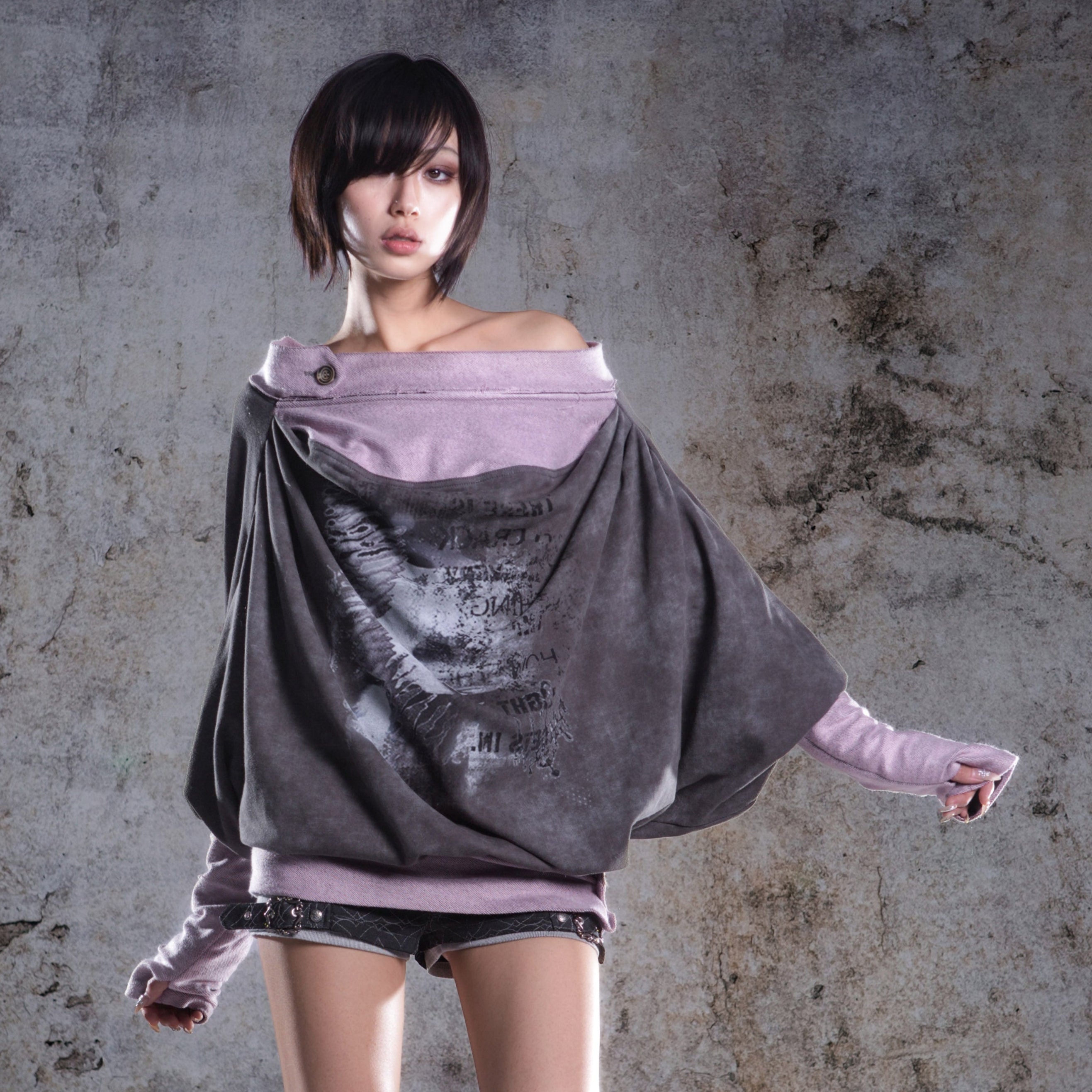 Original Fake Two-Piece Oversize Batwing Sleeve Floral Off-Shoulder Long Sleeve T-Shirts