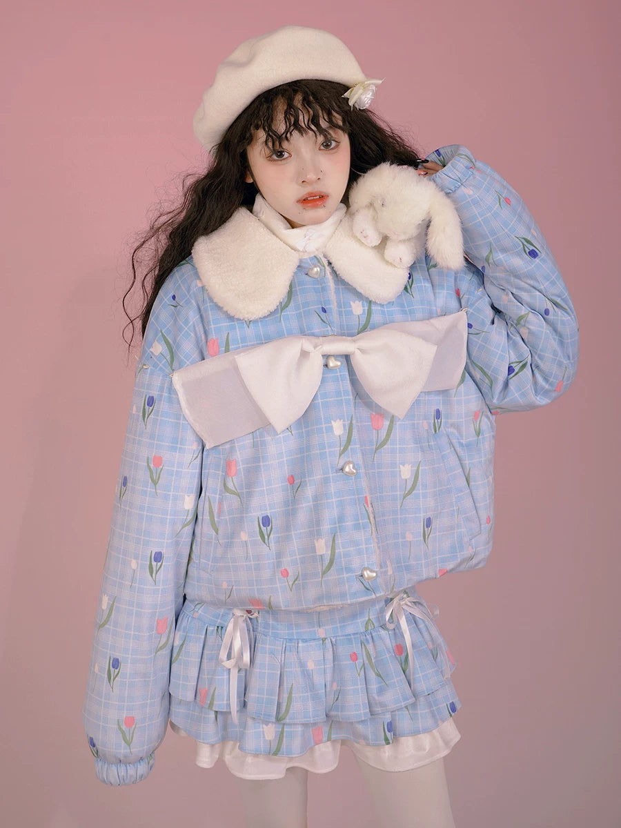 Flower Print Bow Fleece Lining Puffer Jacket