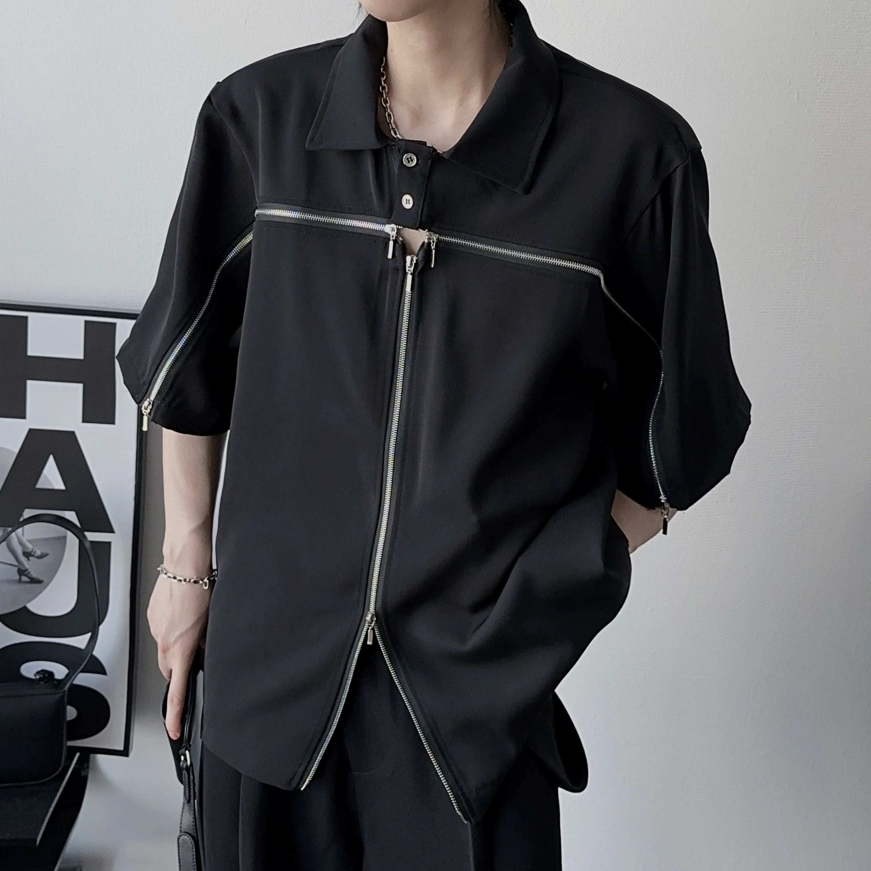 Zipper Design Oversize Short Sleeve Polo Shirt