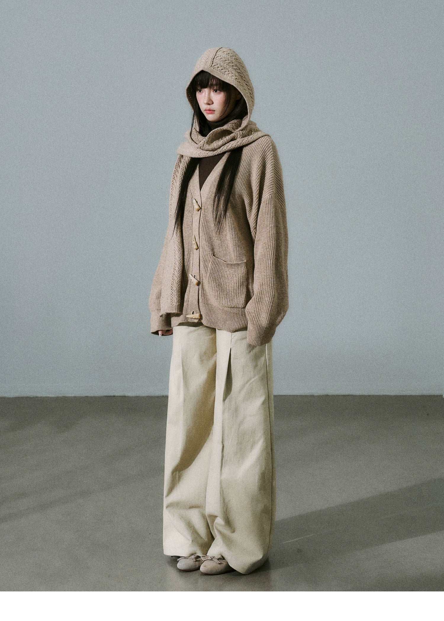 Hooded Horn Button Fleece Lining Knit Cardigan