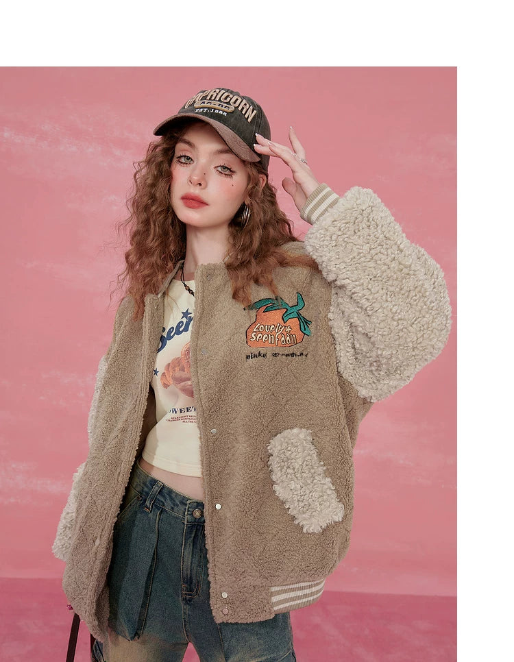 Colorblock Embroidery Fleece-Lined Baseball Jacket