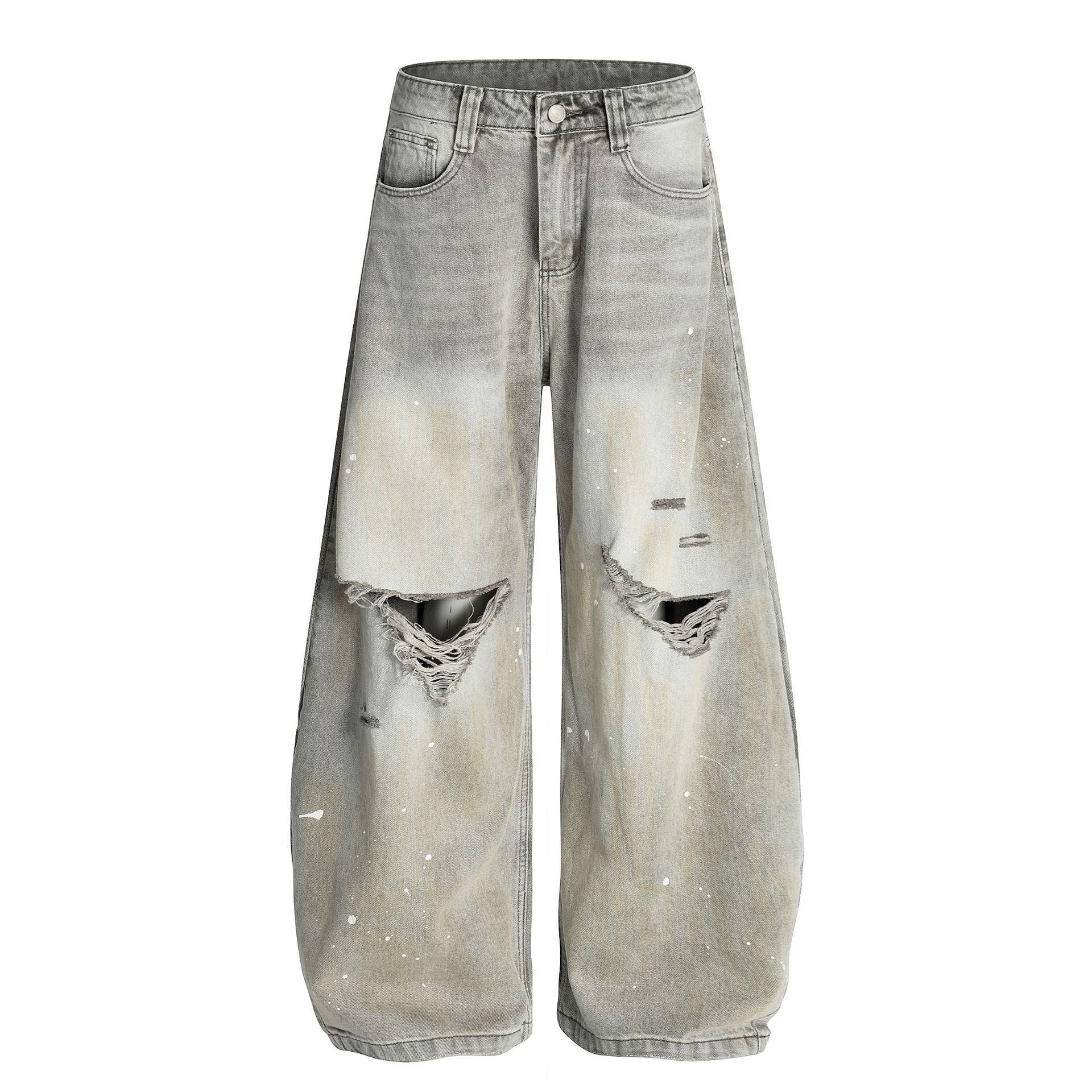 Ink Splash Damage Curved Wide Leg Denim Jeans
