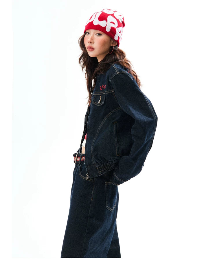 Embroidered Cropped Denim Jacket & Wide-Leg Denim Jeans Setup