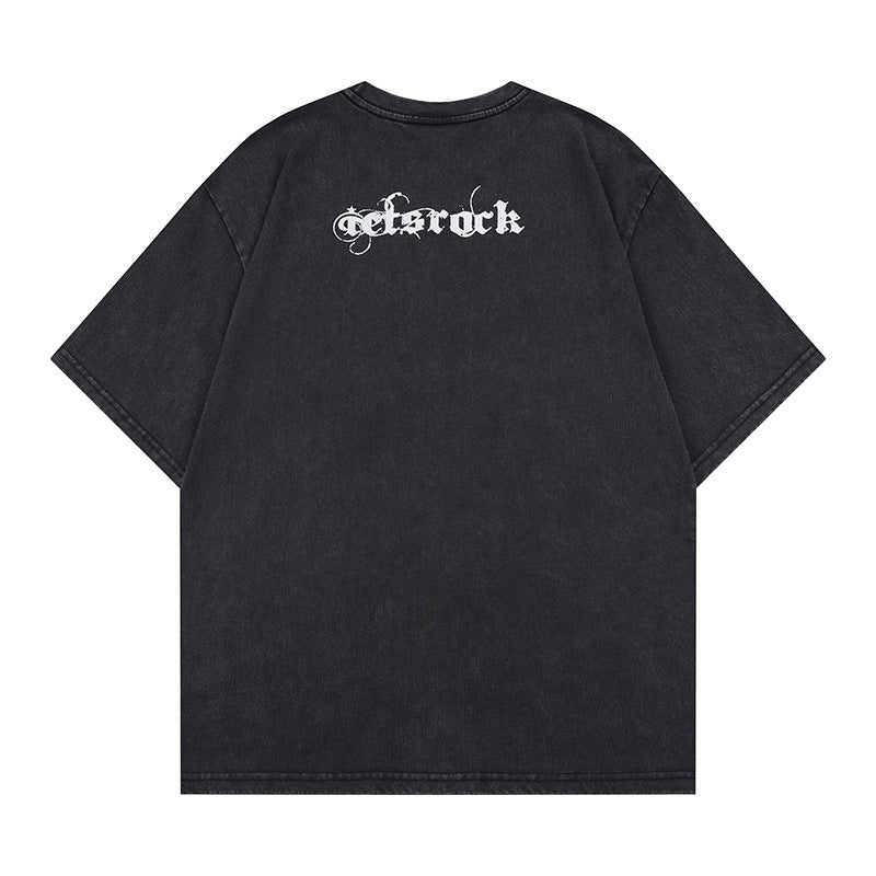 Washed Portrait Letter Print Short Sleeve T-Shirt