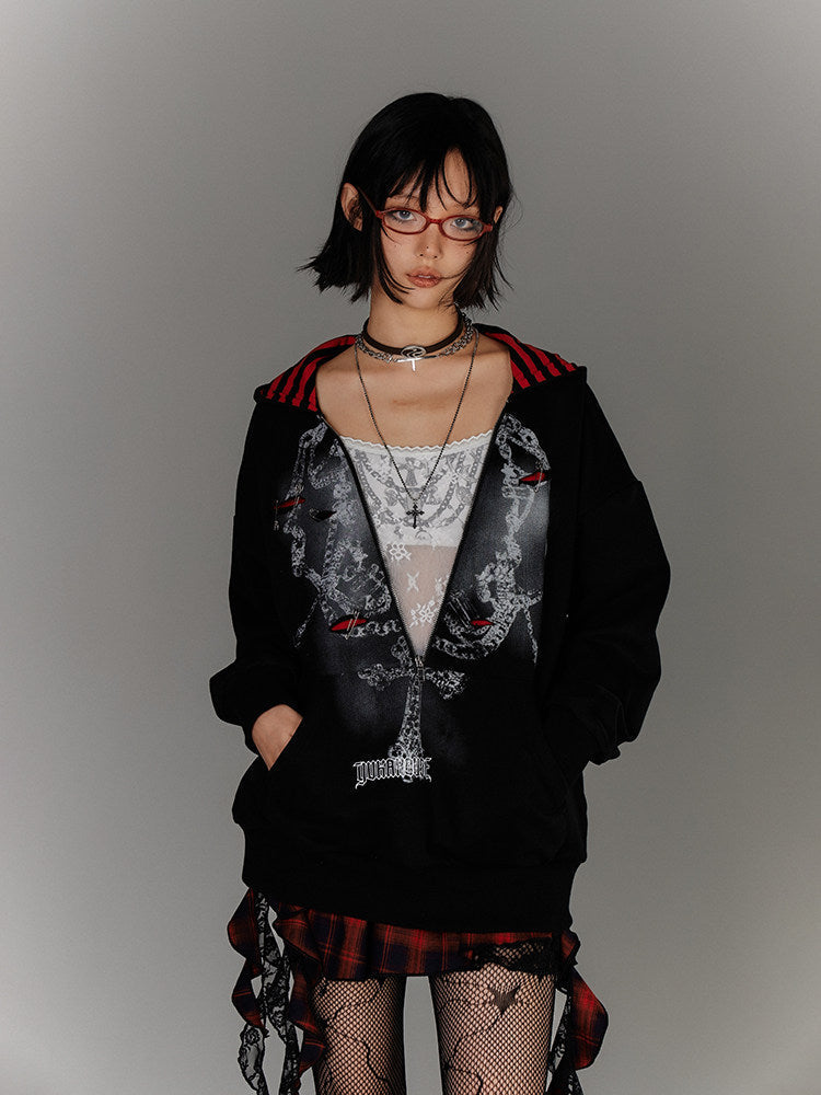 Fake Layered Zipper Stripe Oversize Pullover Hoodie