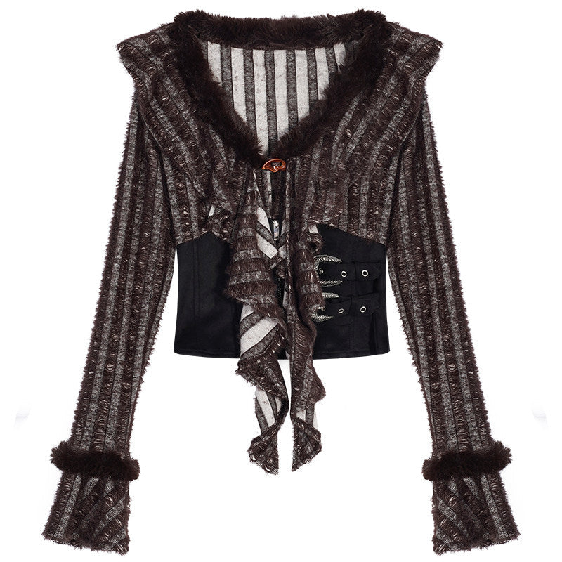 Original Design Patchwork Raw Edge Slim Long Sleeve Shirt & Skirt Setup