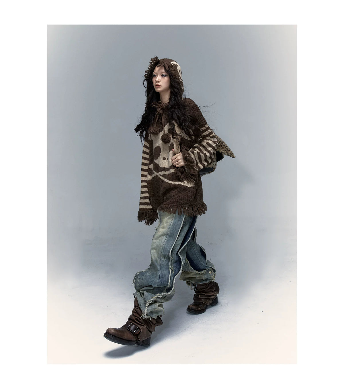 Skull Print Stripe Oversize Knit Hoodie