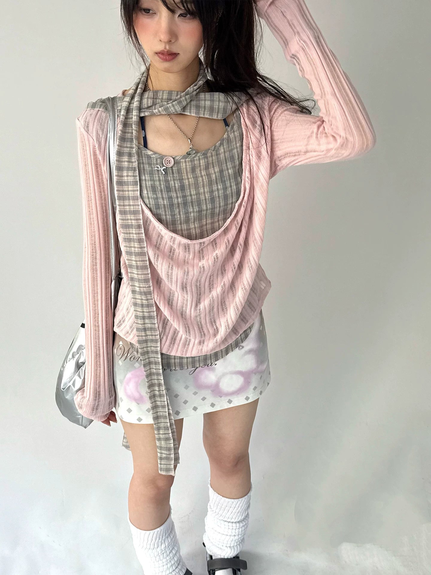 Plaid Ripped Fake Layered Long Sleeve T-Shirt
