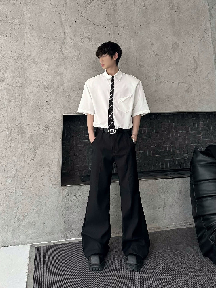 Shoulder-Pad Tie Patchwork Short Sleeve Shirt