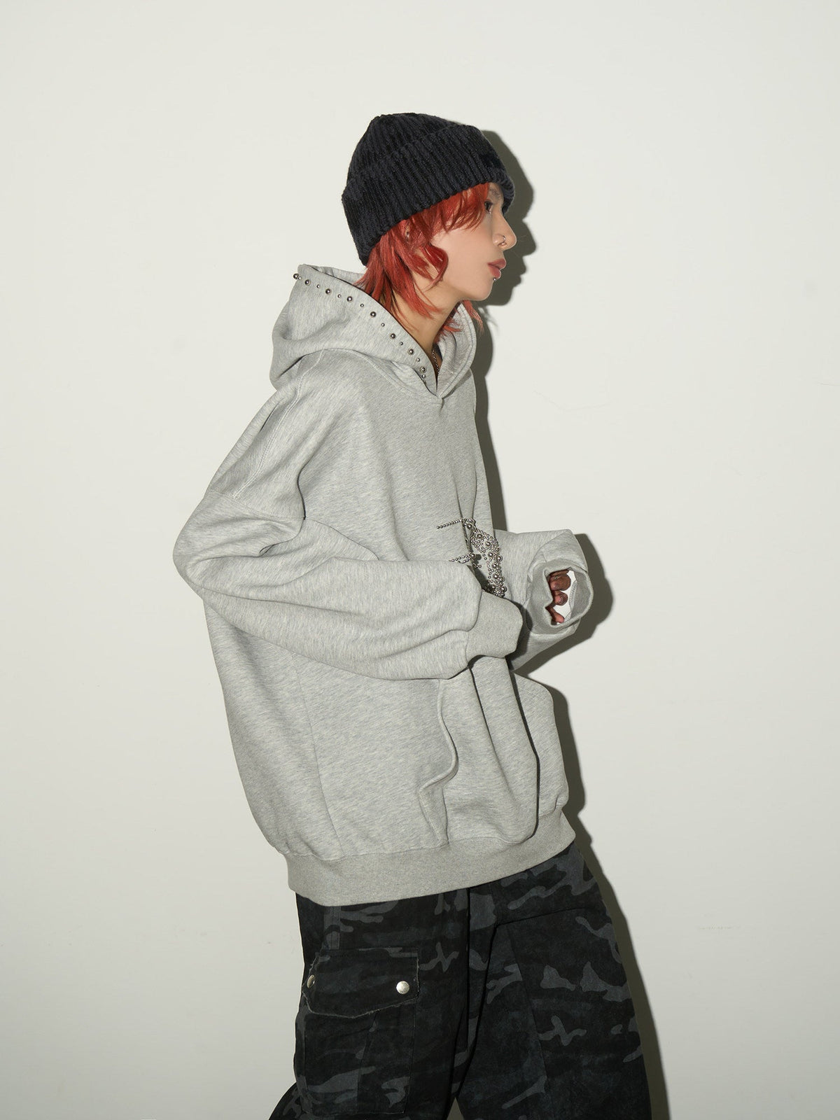 Studded Beaded Design Oversize Pullover Hoodie
