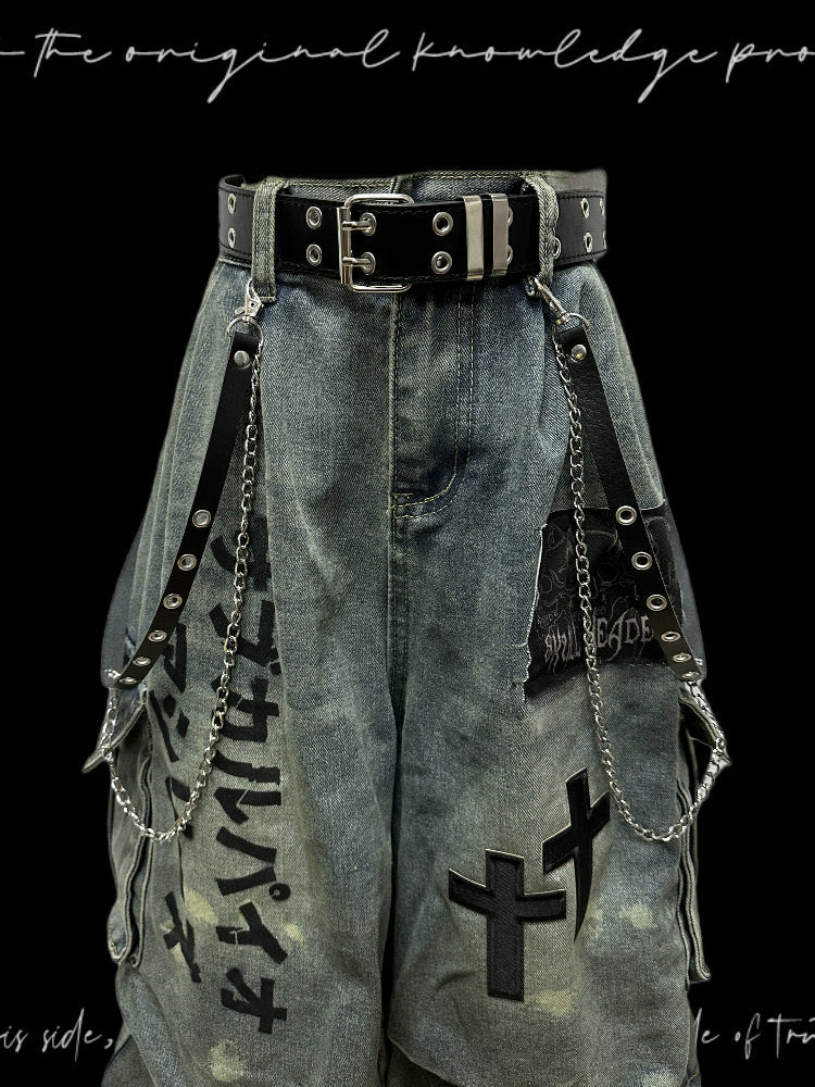 Washed Pleats Patch Wide Leg Cargo Half Denim Jeans & Belt & Chain