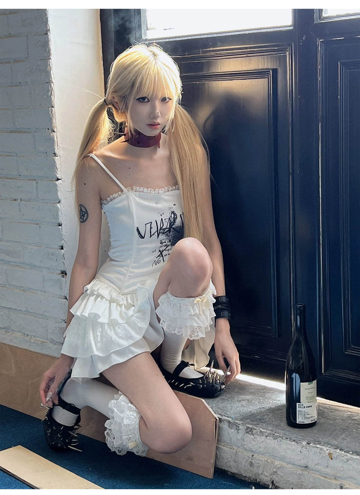 Graffiti Print Satin Lace-Up Ruffled Layered Dress