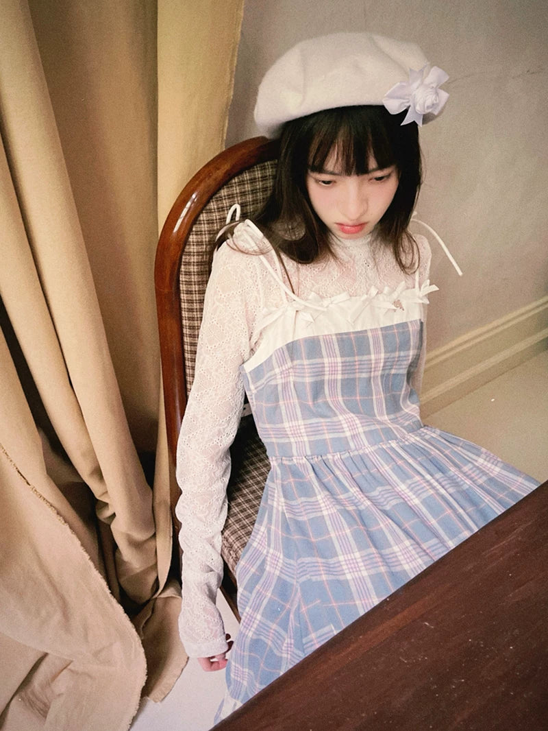 Bow Check Lace Camisole Dress
