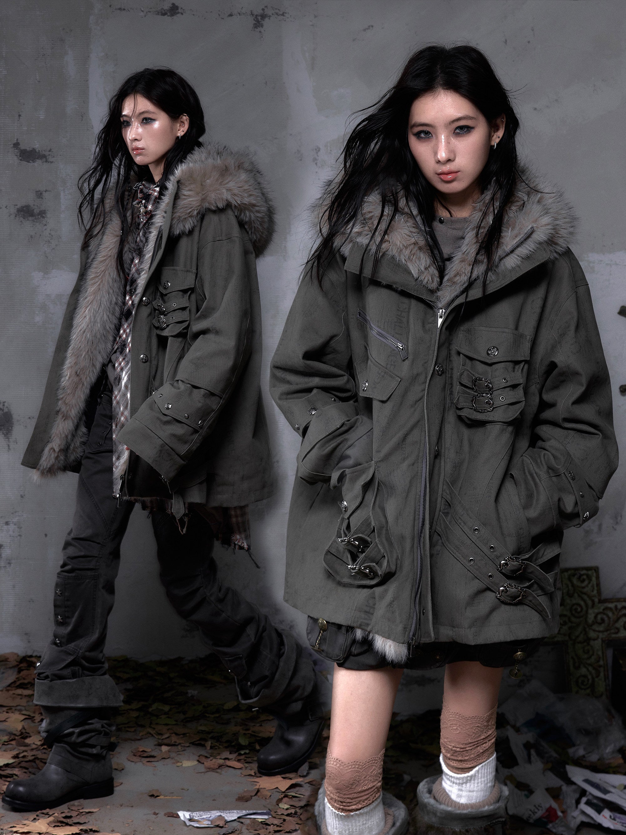 Fake Fur Hooded Multi-Pocket Buckle Detail Jacket