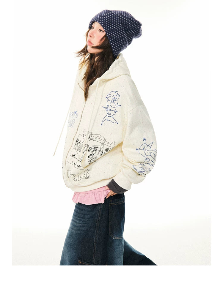 Graphic Print Oversize Zipper Hoodie