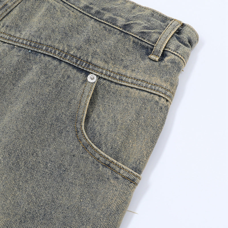 Washed Damage Wide Leg Denim Short Pants