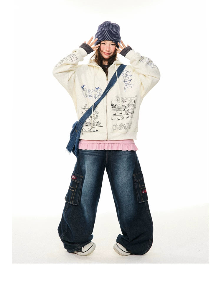 Graphic Print Oversize Zipper Hoodie