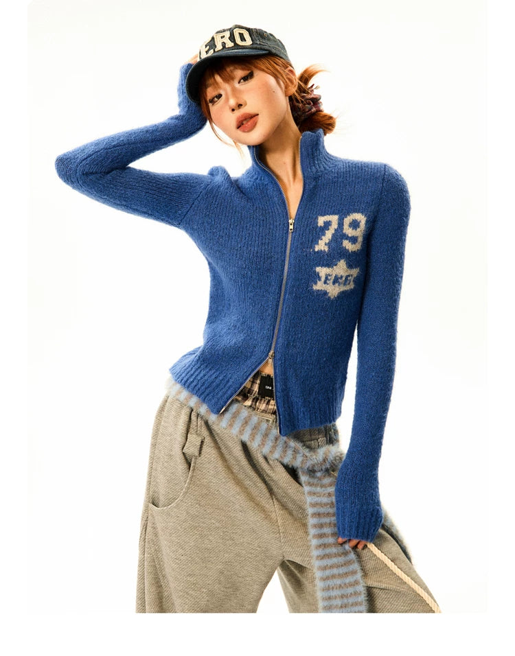 Number Patch Knit Zipper Stand Neck Cardigan