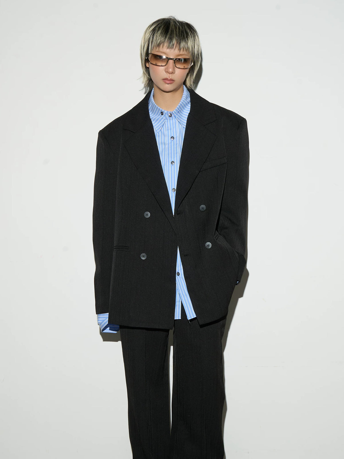 Shoulder-Pad Draped Tailored Jacket & Trousers Setup