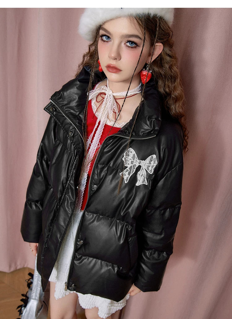 Fake PU Leather Stand Neck Lace Patchwork White Duck Down Jacket