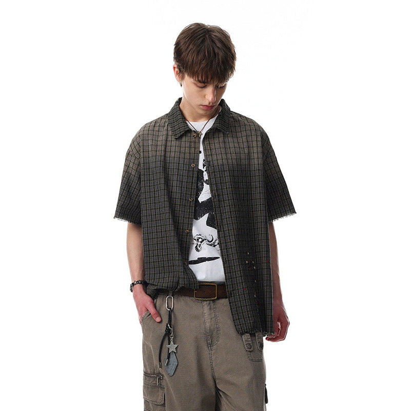 Plaid Cut Gradient Washed Short Sleeve Shirt
