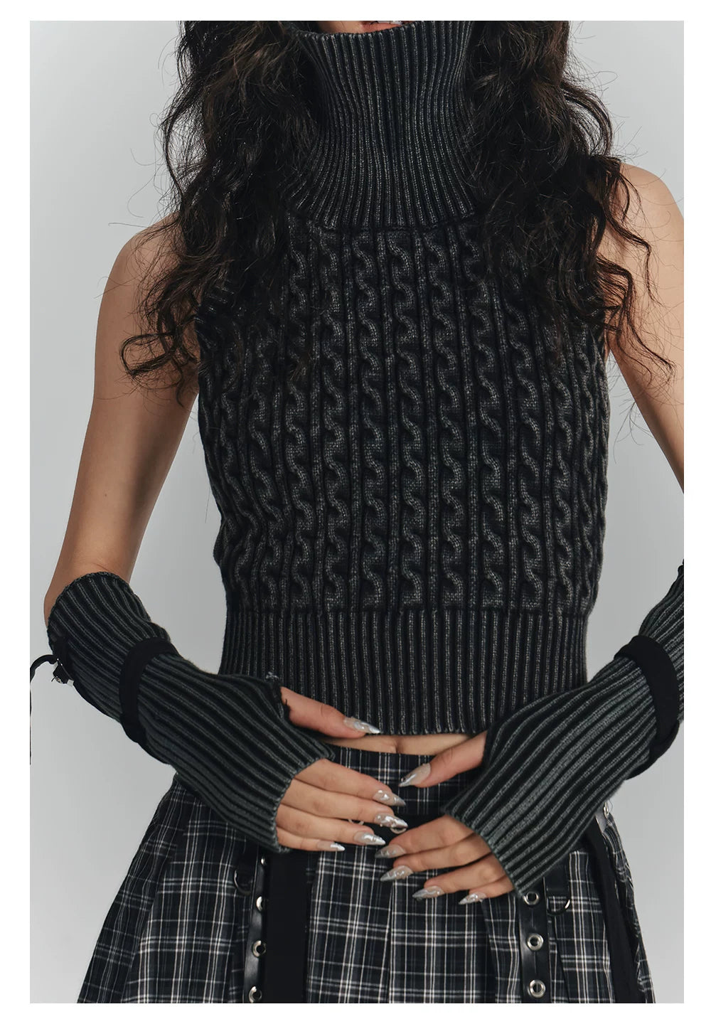 High-Neck Sleeveless Lace-Up Backless Knit Sweater & Arm Warmers