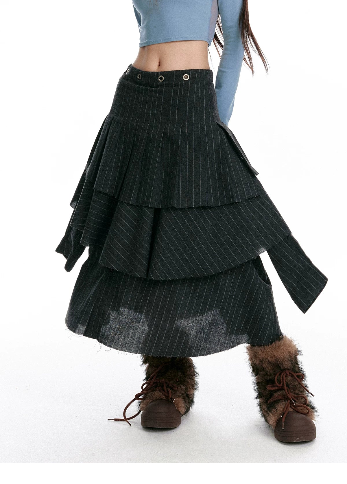Textured Asymmetrical Striped Midi Ruffle Skirt