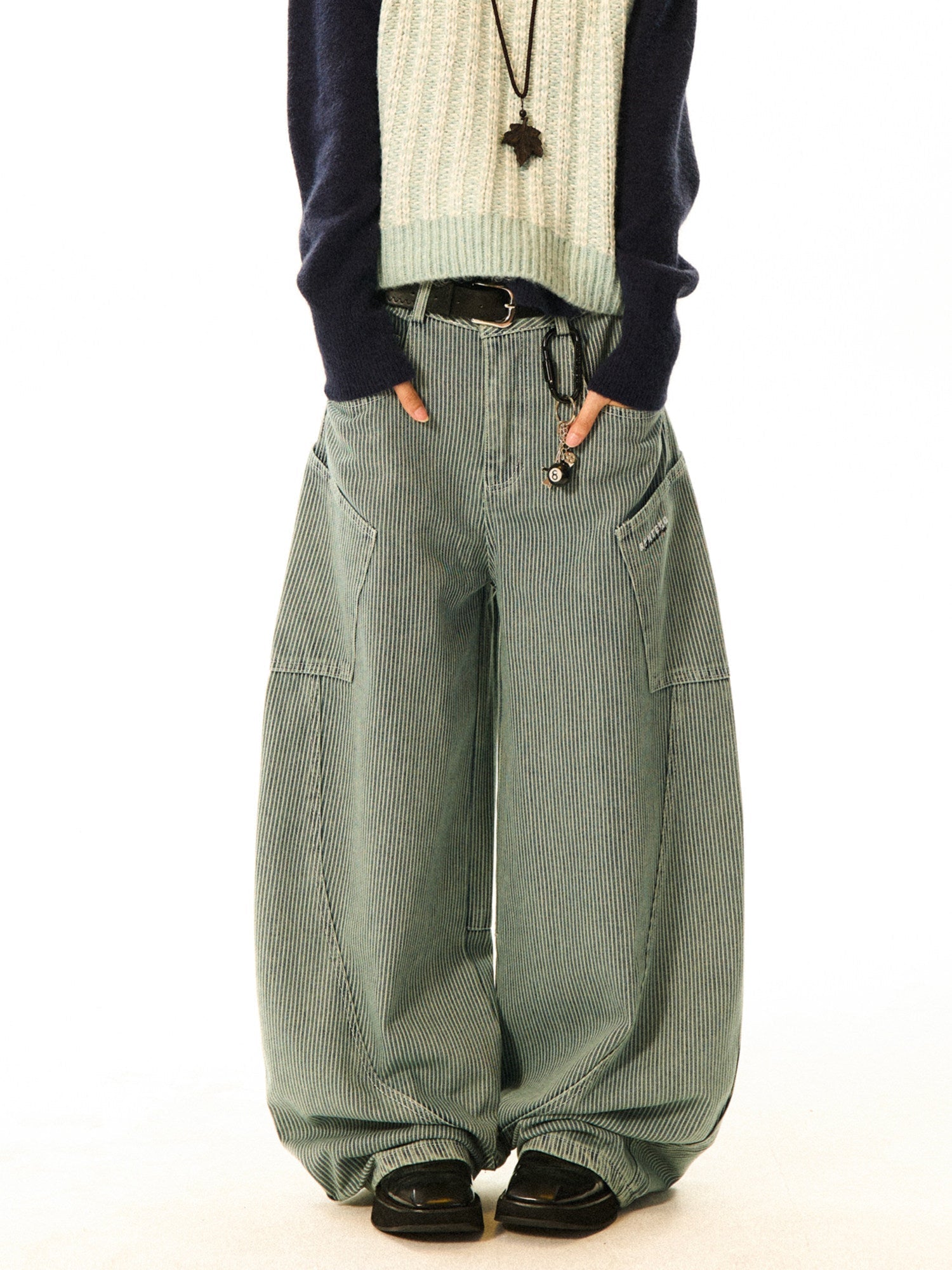 Stripe Pattern Wide Leg Denim Jeans