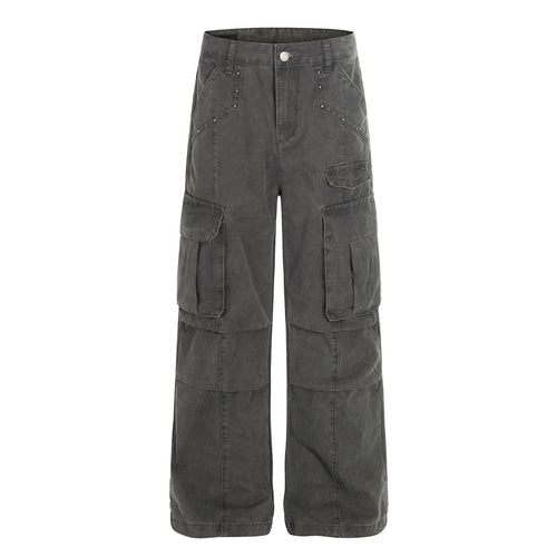 Multi Pocket Studs Wide Leg Cargo Pants - Gray / S