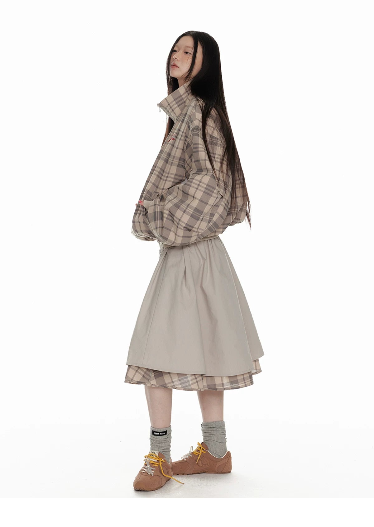 Hollow Star Stand Neck Recersible Jacket & Recersible Plaid Skirt Setup