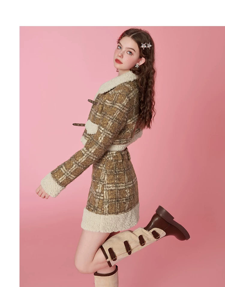 Fake Shearling Short Jacket & Pencil Skirt Setup