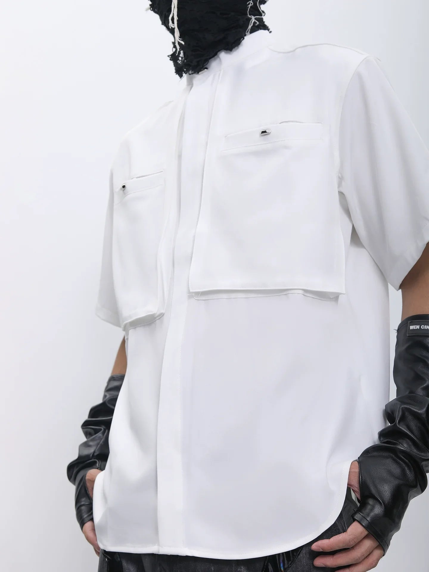 Stand Neck Half-Length Double Placket Pocket Short Sleeve Shirt