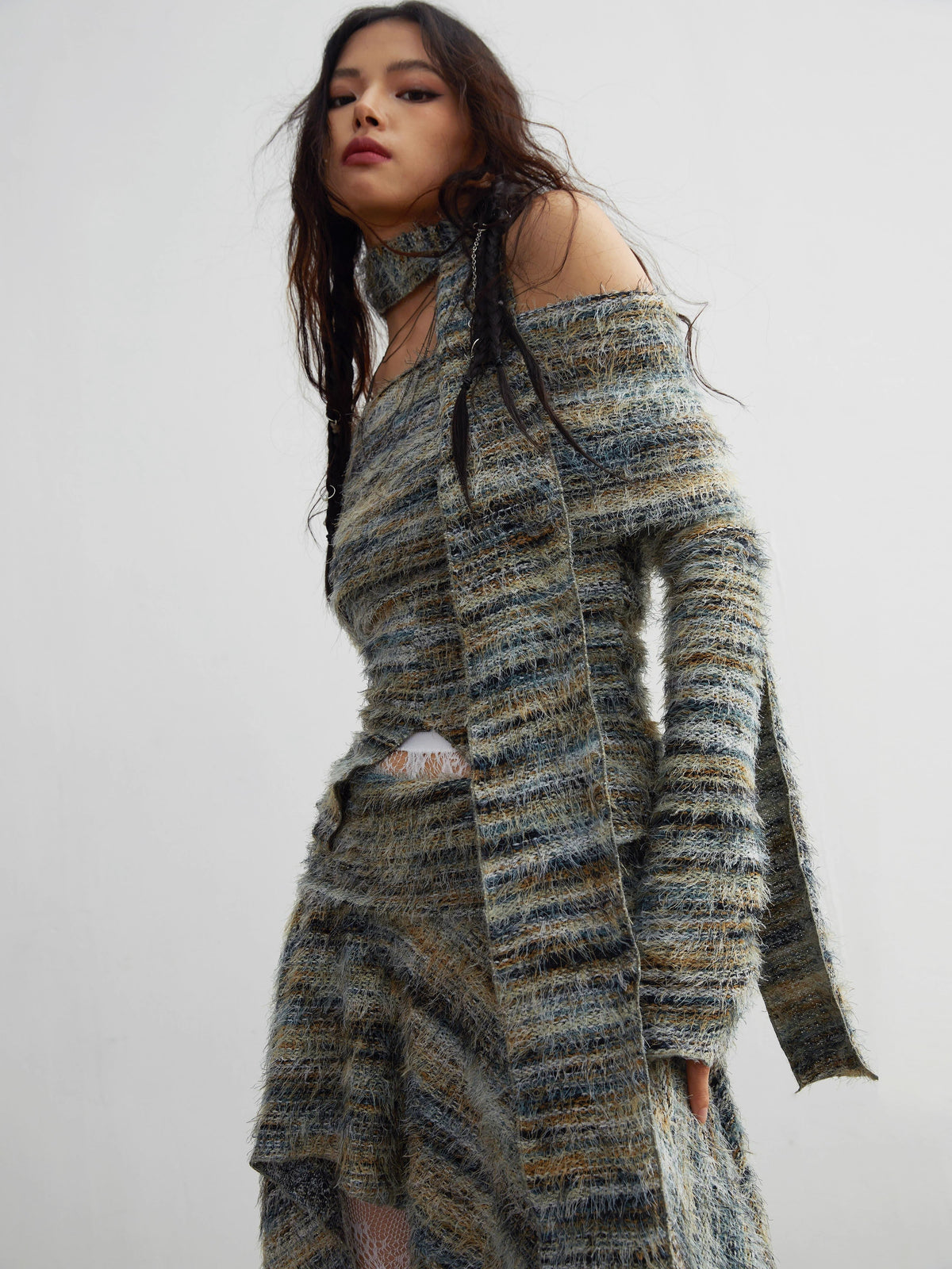 With Scarf Off Shoulder Knit Sweater & Irregular Hem Length Knit Skirt Setup